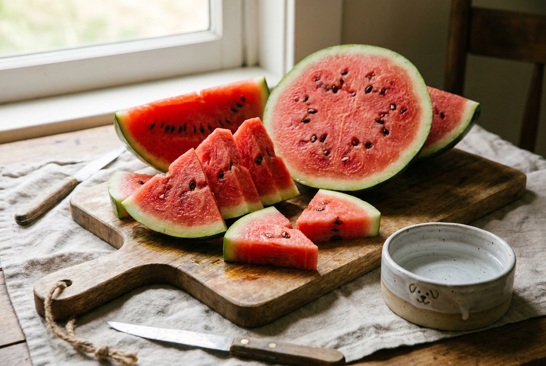 Sliced red watermelon on a wooden cutting board beside a small ceramic dog bowl — watermelon is a safe hydrating treat for dogs once seeded and de-rinded