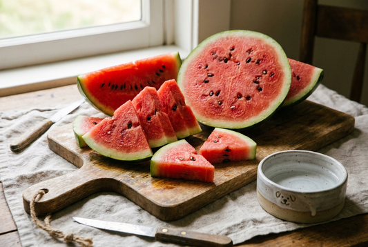 Sliced red watermelon on a wooden cutting board beside a small ceramic dog bowl — watermelon is a safe hydrating treat for dogs once seeded and de-rinded