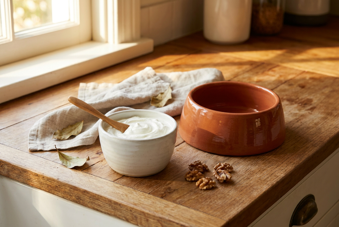 A bowl of plain Greek yogurt with a wooden spoon on a kitchen counter beside a small ceramic dog bowl — plain unsweetened yogurt is safe for dogs