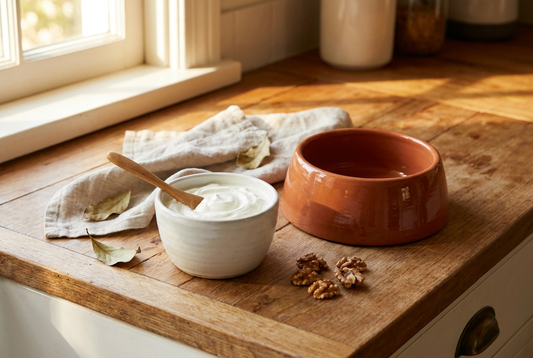 A bowl of plain Greek yogurt with a wooden spoon on a kitchen counter beside a small ceramic dog bowl — plain unsweetened yogurt is safe for dogs