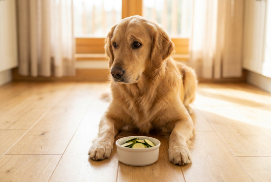 Golden Retriever next to a bowl of zucchini slices in a sunlit kitchen — one of the safest low-calorie vegetables for dogs