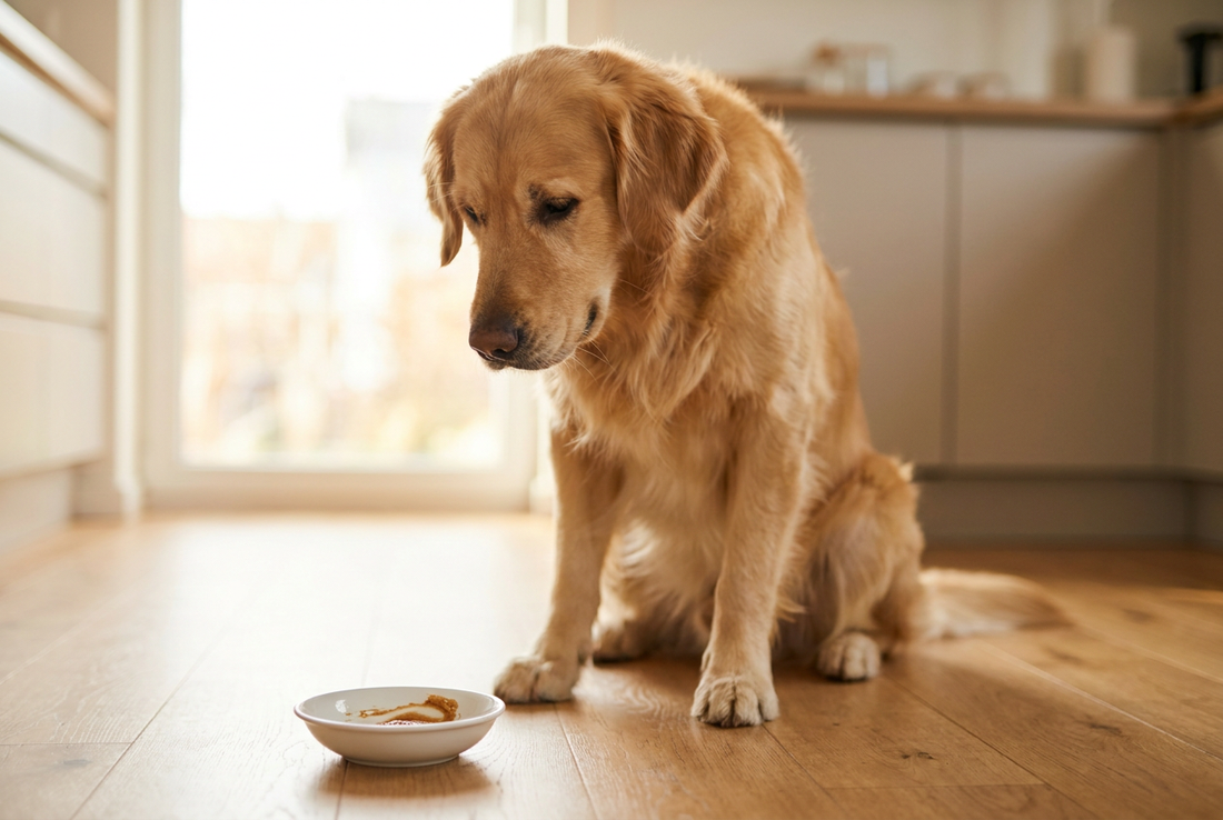 Golden Retriever next to a bowl of almond butter in a sunlit kitchen — safe in tiny amounts as an occasional treat