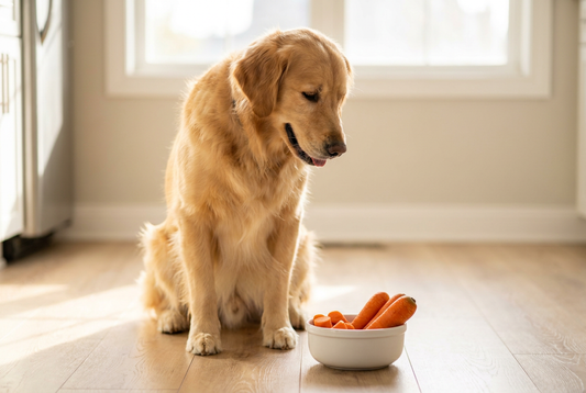 Golden Retriever next to a bowl of carrots in a sunlit kitchen — a crunchy low-calorie source of fiber and vitamin A