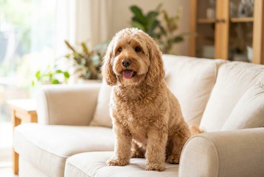 Apricot Cockapoo sitting on a sofa in a bright living room