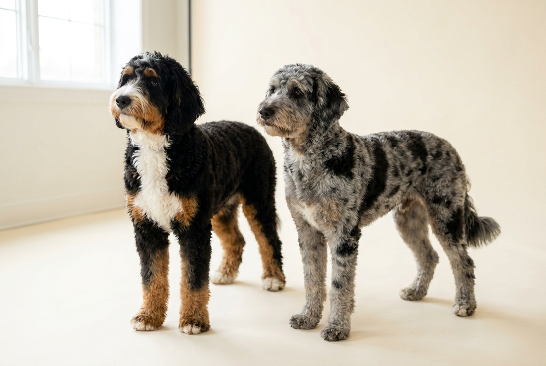 Bernedoodle and Aussiedoodle side by side, doodle breed comparison