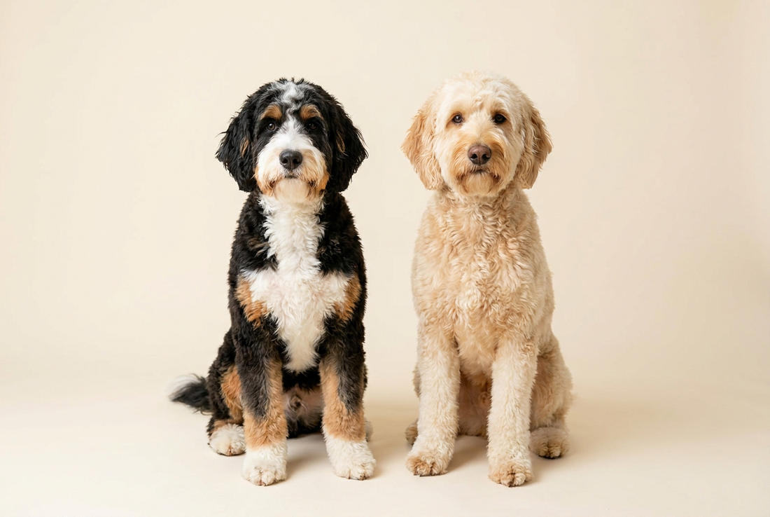 Bernedoodle and Goldendoodle side by side, doodle breed comparison