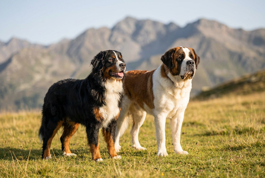 Bernese Mountain Dog and Saint Bernard side by side, Swiss giant breed comparison