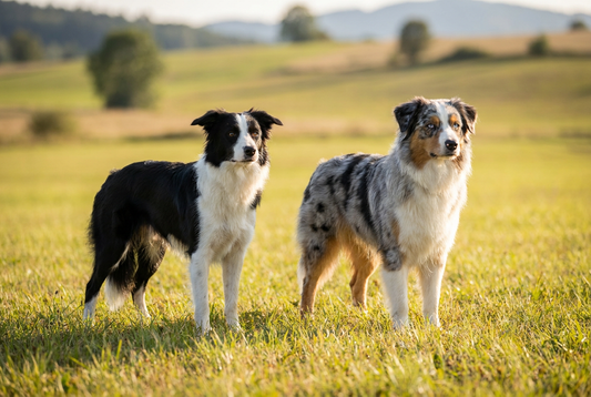 Border Collie and Australian Shepherd side by side, herding breed comparison