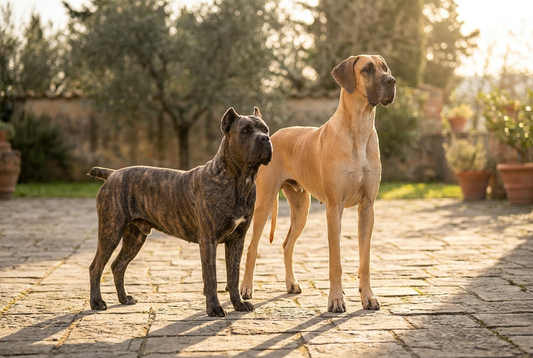 Cane Corso and Great Dane side by side, large breed comparison