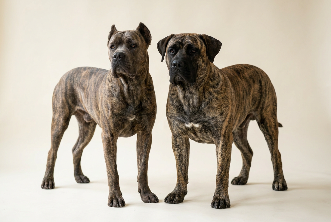 Cane Corso and Presa Canario side by side, Mediterranean mastiff comparison