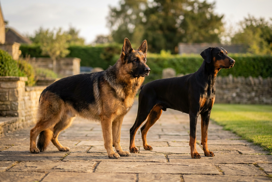 German Shepherd and Doberman Pinscher side by side, working breed comparison