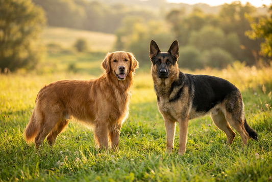 Golden Retriever and German Shepherd side by side, family and working breed comparison
