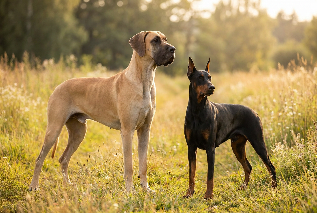 Great Dane and Doberman Pinscher side by side, large breed comparison