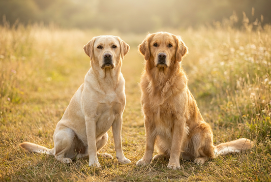 Labrador Retriever and Golden Retriever side by side, breed comparison