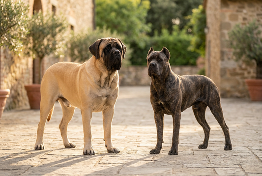 English Mastiff and Cane Corso side by side, Molosser guardian breed comparison