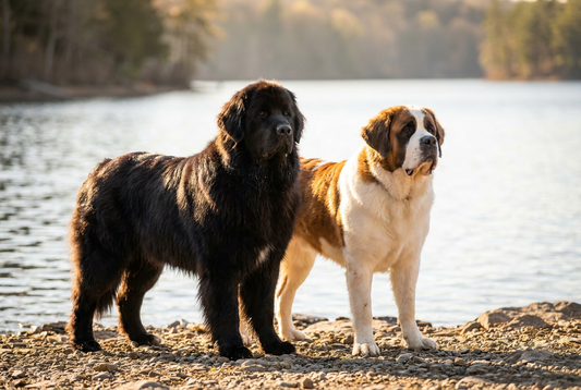 Newfoundland and Saint Bernard side by side, giant rescue breed comparison