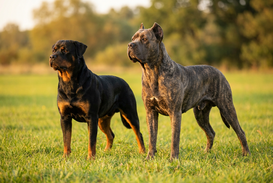 Rottweiler and Cane Corso side by side, mastiff guardian breed comparison