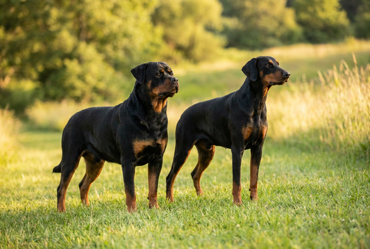 Rottweiler and Doberman Pinscher side by side, guard breed comparison