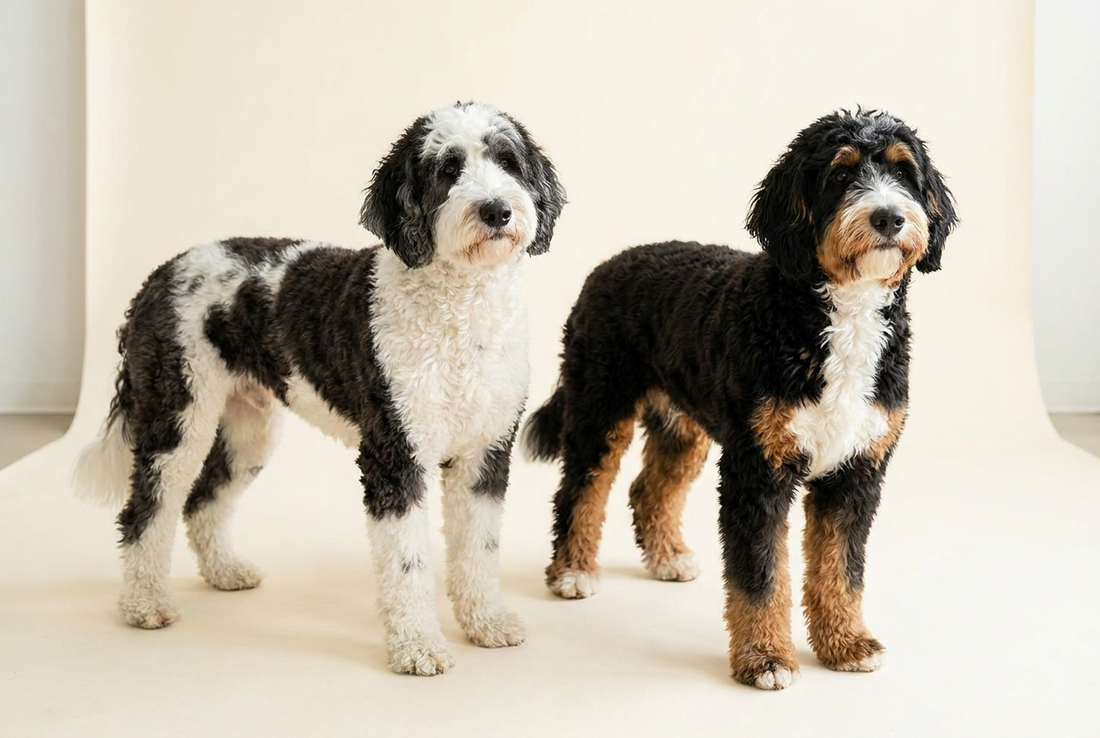 Sheepadoodle and Bernedoodle side by side, large doodle breed comparison