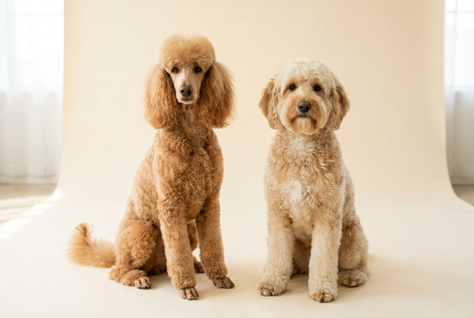 Standard Poodle and Goldendoodle side by side, purebred vs doodle comparison