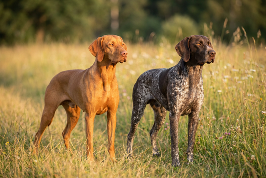 Vizsla and German Shorthaired Pointer side by side, European pointing breed comparison