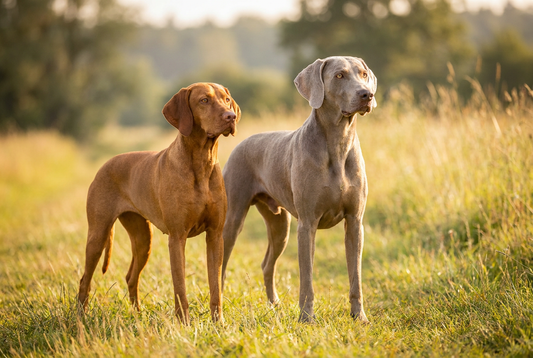 Vizsla and Weimaraner side by side, European pointing breed comparison