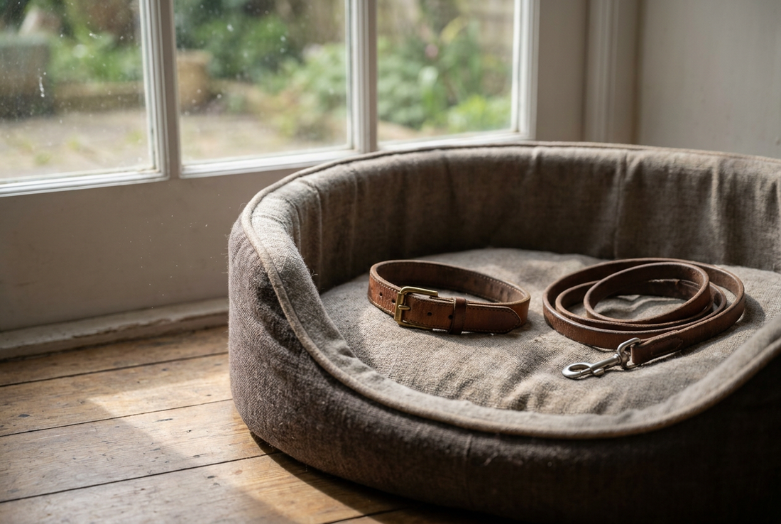 Empty dog bed by a window with a collar and leash resting on it