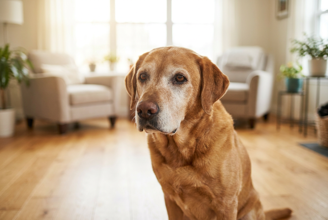 Senior Labrador Retriever with a grey muzzle — how dog years translate into human years depends on size