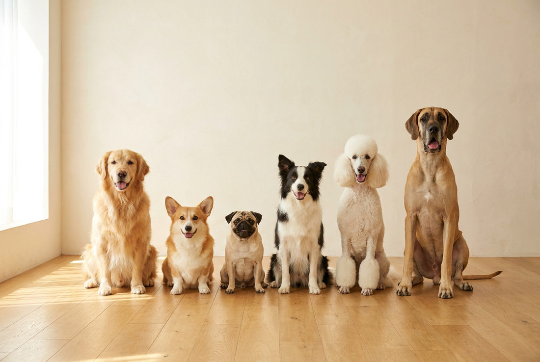 Six dog breeds — Golden Retriever, Corgi, Pug, Border Collie, Poodle and Great Dane — sitting together in a sunlit room; browse every Wooffy dog breed guide A to Z