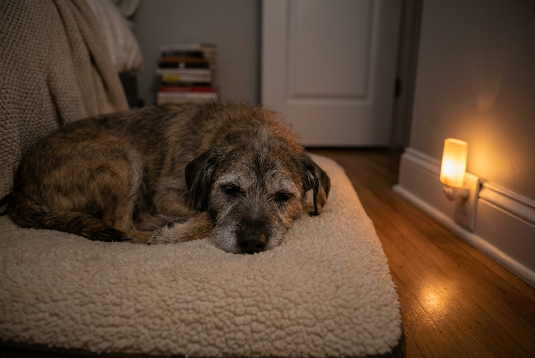 Elderly dog resting on its bed beside a small night light — a calm night setup for a dog with cognitive dysfunction