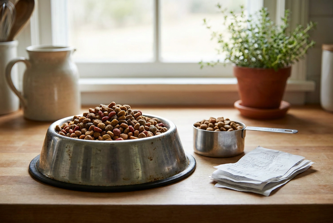 Dog food bowl with kibble beside a measuring cup and receipts — 2026 dog food budget guide