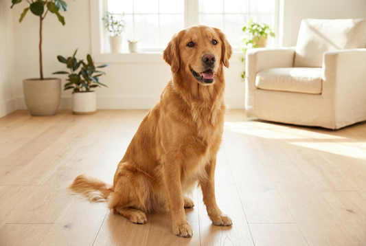 Healthy happy dog in a sunlit room — Wooffy dog health guides