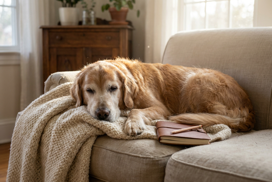 Senior dog resting on a blanket beside a notebook — tracking good and bad days with a quality-of-life scale