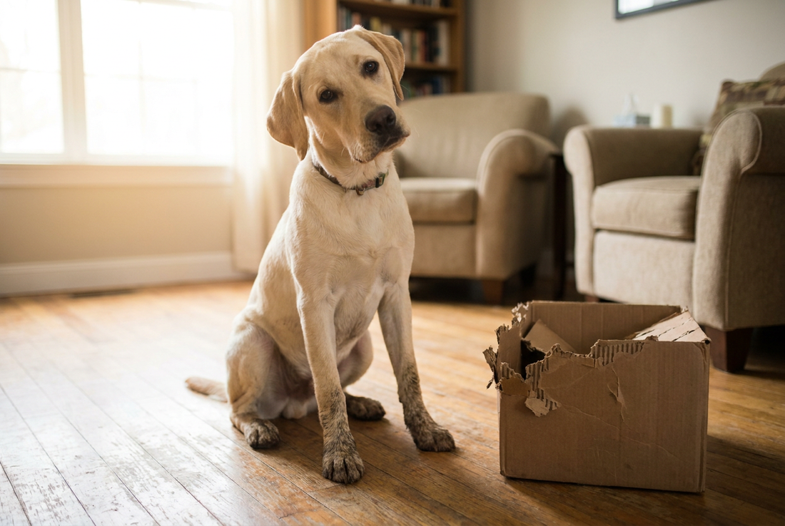 Adolescent Labrador Retriever sitting beside a chewed cardboard box — the dog teenage phase