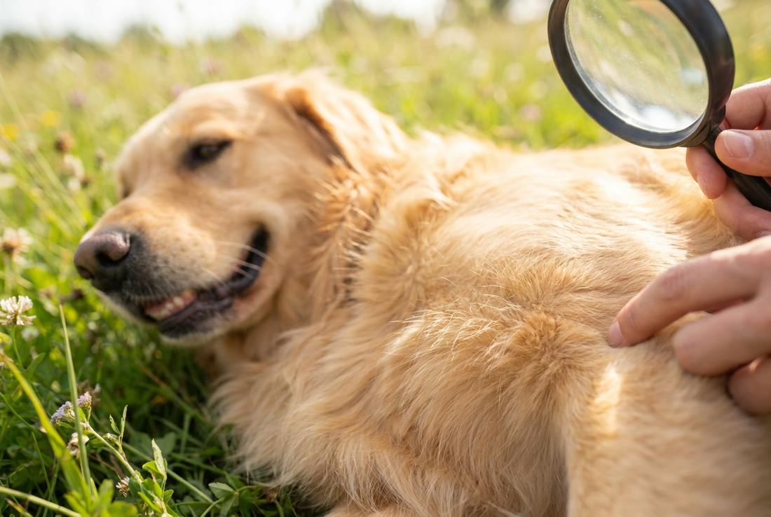 Tick check on a Golden Retriever after a summer walk — daily tick inspection is essential during peak tick season