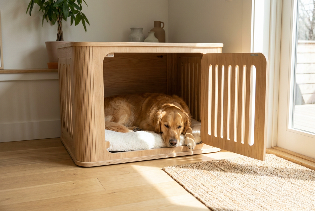 Calm dog relaxing in a modern wooden indoor crate — Wooffy dog training guides