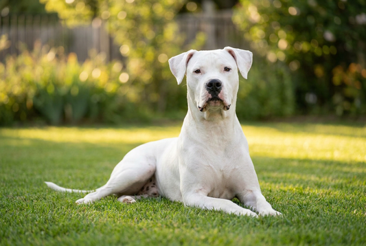 Adult white Dogo Argentino sitting calmly on a backyard lawn