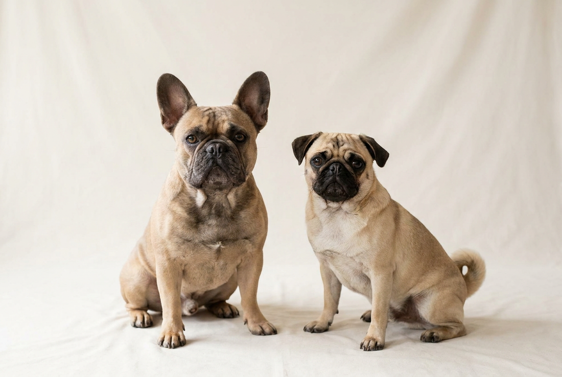 French Bulldog and Pug side by side studio portrait, showing the size and feature differences between the two brachycephalic companion breeds