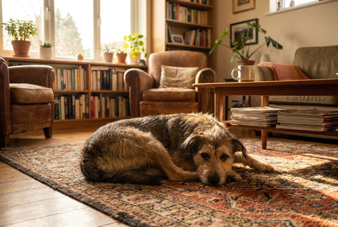 Young dog settling calmly into a warm living room