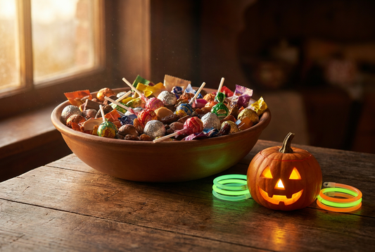 Bowl of wrapped Halloween candy with lollipops, raisins, a carved jack-o'-lantern and glow sticks — common Halloween hazards for dogs