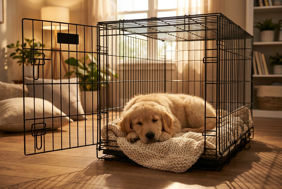 A sleepy puppy resting in a cozy open wire crate with a soft blanket, illustrating how to crate train a puppy and handle the crying