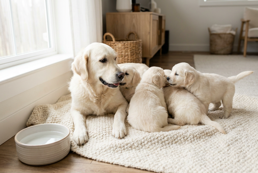Golden Retriever mother with her seven-week-old litter in a clean home setting — what meeting the parents at a responsible breeder looks like