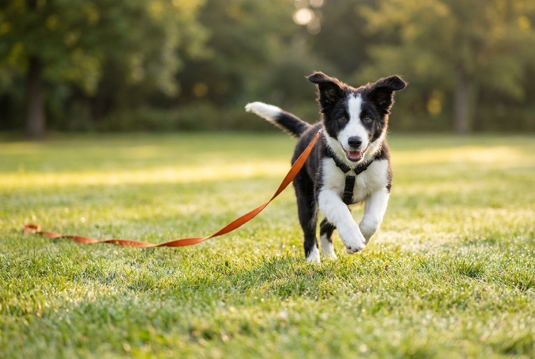 Young dog running toward the camera on a long training line — practicing recall