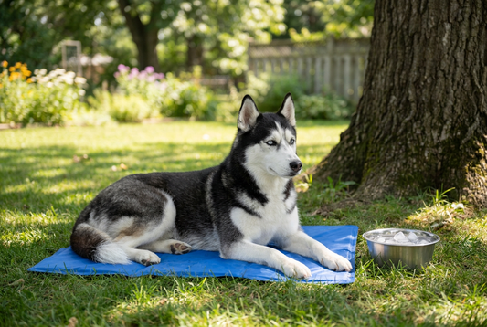 Siberian Husky resting on a cooling mat in the shade beside a water bowl with ice — proper summer care for double-coated northern breeds without shaving the coat