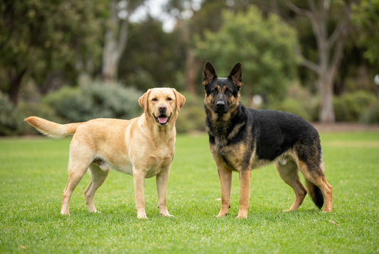 Labrador Retriever and German Shepherd side by side, two of the most popular American family and working breeds
