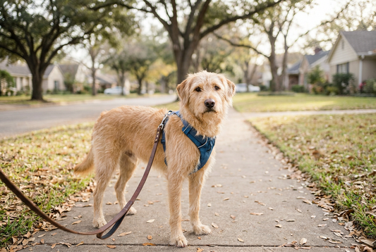 Young mixed-breed dog standing calmly on leash on a quiet sidewalk