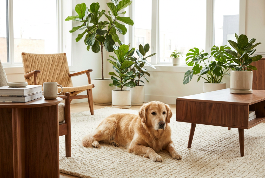 Dog at home in a modern living room — Wooffy life-with-dogs guides