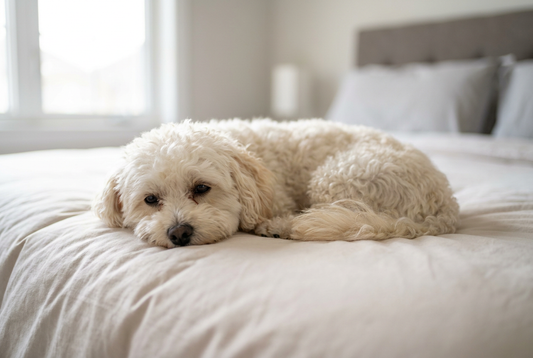 Cream-white Maltipoo resting on a bed