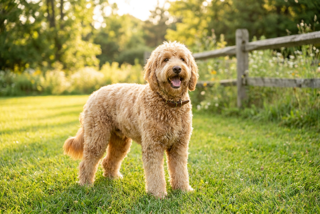 Golden Mini Goldendoodle standing in a sunny park