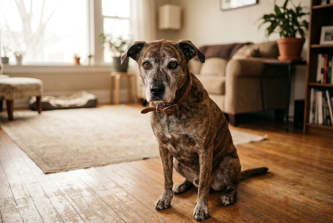 Medium-sized brindle mixed-breed dog sitting in a warm home